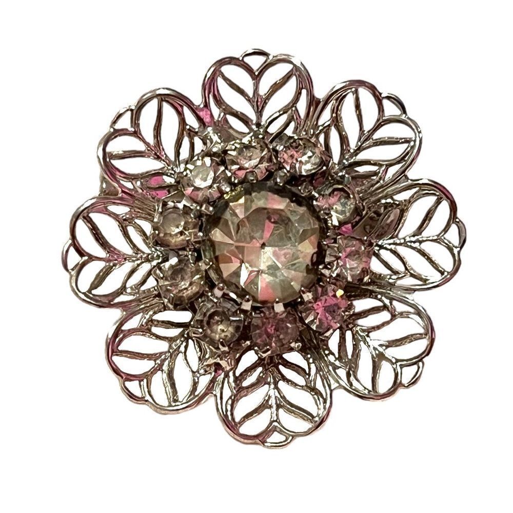 🤯5/$25🤯 Vintage Rhinestone Flower Silver Tone Brooch
